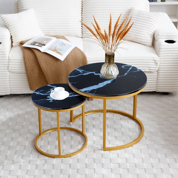 CQSXDA Set Of 2 Round Coffee Table Nesting With Top And Golden Frame Marble Pattern For Modern Living Room