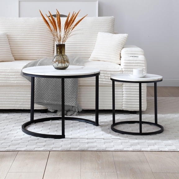 CQSXDA Set of 2 Circular Nesting Coffee Tables with White Gray Marble Pattern Top and Black Frame for Modern Living Room