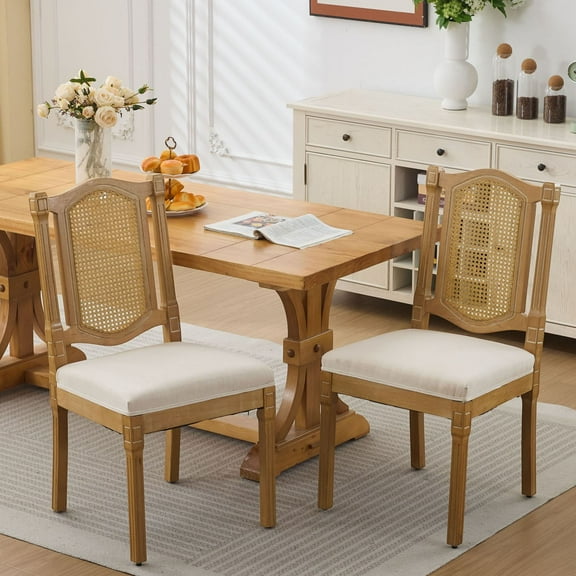 CQSXDA Set of 2 Classic Full Solid Wood Rattan-Back Dining Chair With Matte Linen Cushion And High-Resilience Foam For Rustic Dining Rooms, Beige
