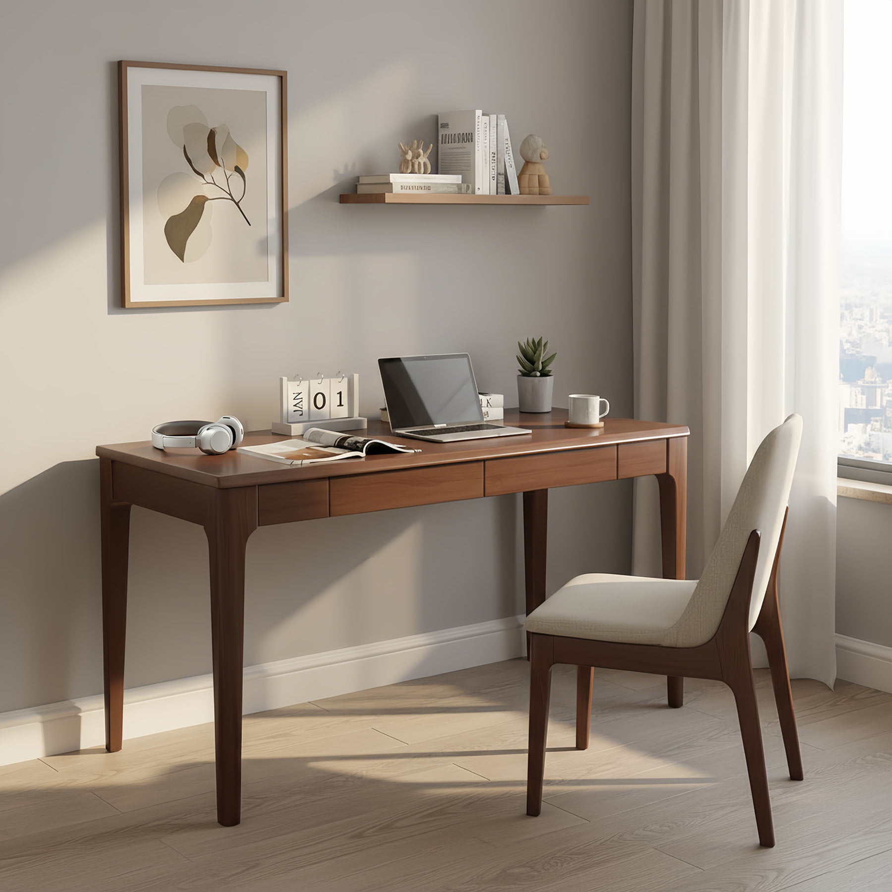 CQSXDA Solid Wood Standing Desk with Drawers in Natural Finish, Mid Century Modern Office Desk for Small Spaces
