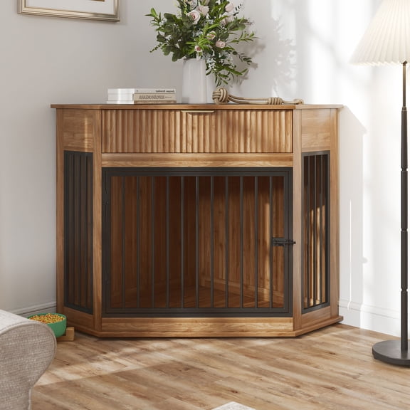 CQSXDA Space-Saving 44.6 Inch Corner MDF Dog Crate Furniture for Indoor Use, Decorative Kennel End Table with Storage Fluted Drawer Drawers, Natural Walnut