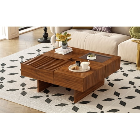 CQSXDA Square Mid Century Modern Coffee Table with 3 Drawers and Tempered Glass for Stylish Living Room Decor