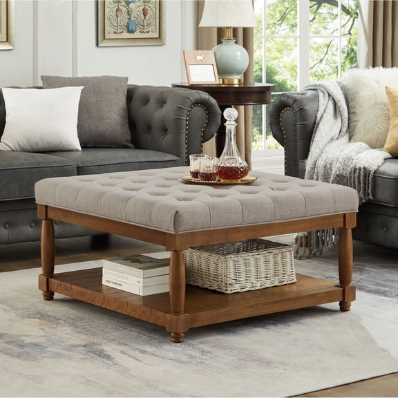 CQSXDA Square Upholstered Tufted Linen Ottoman Coffee Table with Durable Solid Wood Shelf for Style,Linen