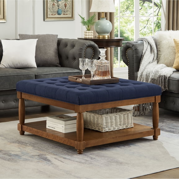 CQSXDA Square Upholstered Tufted Linen Ottoman Coffee Table with Durable Solid Wood Shelf for Style,Navy Blue