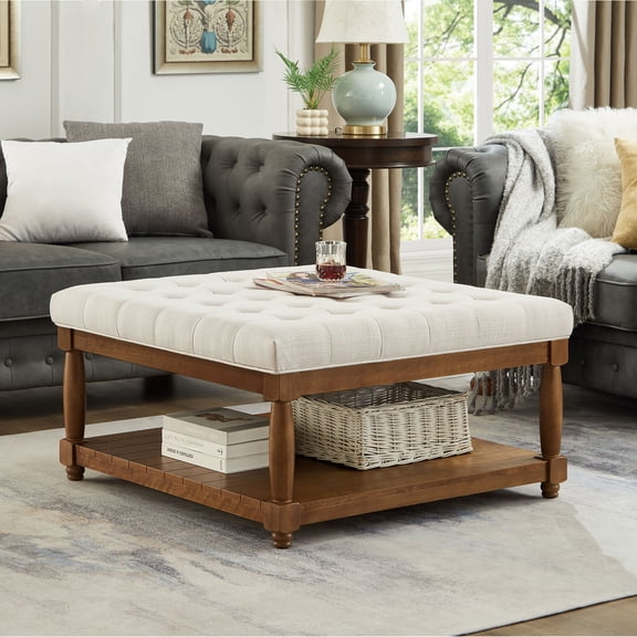 CQSXDA Square Upholstered Tufted Linen Ottoman Coffee Table with Durable Solid Wood Shelf for Style