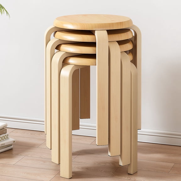 CQSXDA Stackable Bentwood Stool Set of 4, 18 Inch Round Backless Nesting Stools with Anti-Slip Felt Pad for Versatile Use