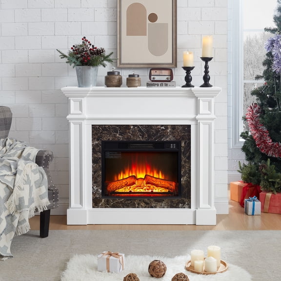 CQSXDA Stacked Stone Electric Fireplace with Mantel, Freestanding Heater Featuring Remote Control Timer and LED Flame,White
