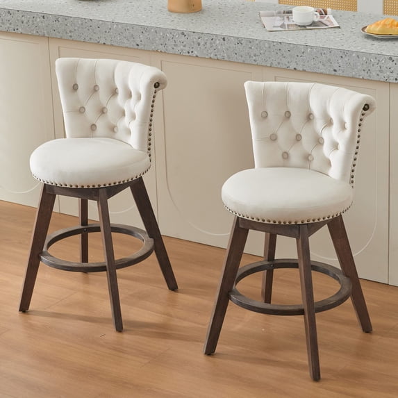 CQSXDA Stylish 26" Counter Height Bar Stools Set of 2 Velvet with 360° Swivel, Upholstered Design & Tufted Back, Beige