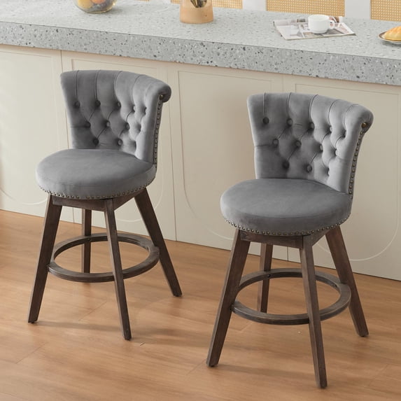 CQSXDA Stylish 26" Counter Height Bar Stools Set of 2 Velvet with 360° Swivel, Upholstered Design & Tufted Back, Gray