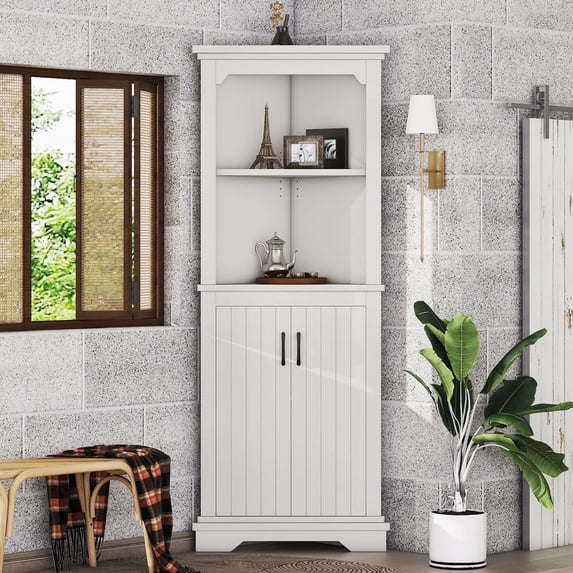 CQSXDA Stylish Tall Corner Cabinet with Doors in Wood Grain Finish for Living Room, Bathroom, Dining Room or Kitchen, White