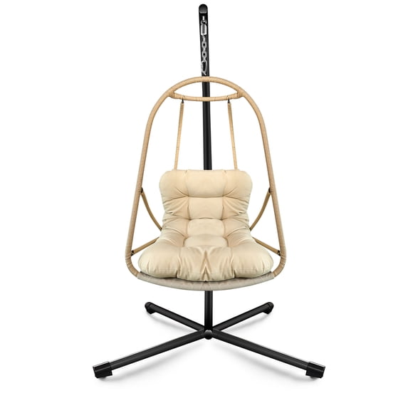 CQSXDA Swing Egg Chair With Stand In Modern Wicker Rattan Design For Indoor Outdoor Use With Cushion And Pillow,Beige+Brown
