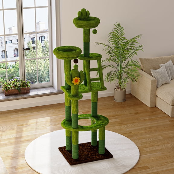 CQSXDA Tall 72in Cactus Cat Tree With Transparent Capsule And Plush Perches For Indoor Cats And Kittens Activity Center