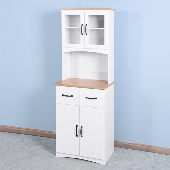 CQSXDA Tall Wooden Kitchen Cabinet with Top and Bottom Enclosed Cabinet Space,2 Drawers, Kitchen Pantry Storage Cabinet ,Open Space for Microwave, (White)