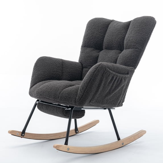 CQSXDA Teddy Fabric Leisure Rocking Chair With Adjustable Footstool High Backrest Solid Wood Metal Base, Dark Gray