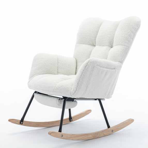 CQSXDA Teddy Fabric Leisure Rocking Chair With Adjustable Footstool High Backrest Solid Wood Metal Base, Ivory
