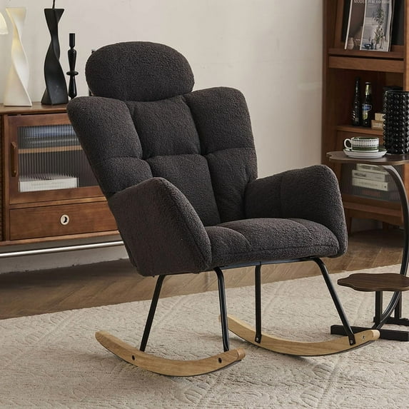 CQSXDA Teddy Fabric Rocking Gilder Chair, Foam Filling and Wooden Frame, High Backrest and Pillow