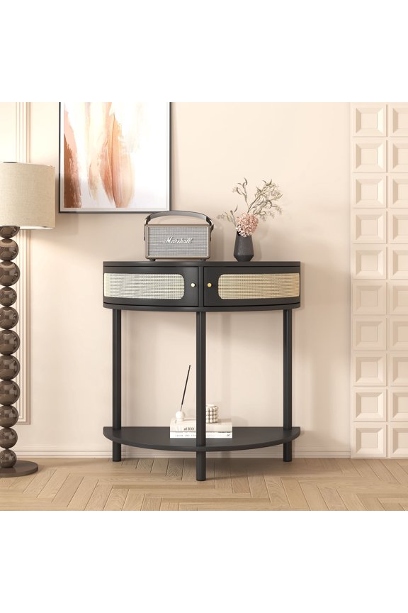 Unique Half-Moon Design Black MDF Construction 31.88"*15.75" Boho Style End Table Entryway Console Table Rattan Storage Cabinet