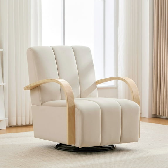 CQSXDA Upholstered 360 Degree Swivel Accent Chair With Solid Wood Armrests For Living Room Bedroom Office Lounge,Beige