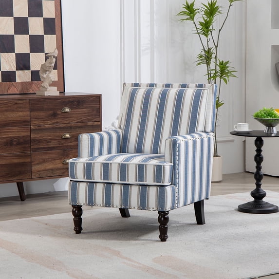 CQSXDA Traditional Adult Cotton Linen Striped Nailhead Trim Armchair, Mixed Tan/Grey