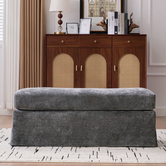 CQSXDA Upholstered Chenille Ottoman in Gray 46 Inch Wide Square Footrest with Metal Legs for Any Room，Charcoal