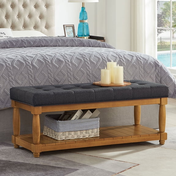 CQSXDA Upholstered Linen Bench with Storage Shelf, Tufted Ottoman Furniture with Solid Wood Spindle LegsFor Bedroom Entryway Living Room, Charcoal