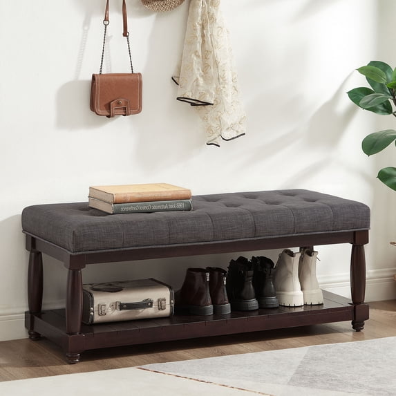 CQSXDA Upholstered Linen Bench with Storage Shelf, Tufted Ottoman Furniture with Solid Wood Spindle LegsFor Bedroom Entryway Living Room, Dark Gray