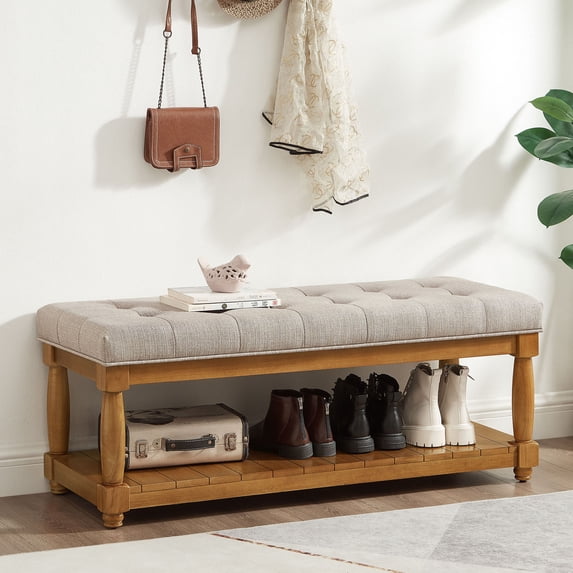 CQSXDA Upholstered Linen Bench with Storage Shelf, Tufted Ottoman Furniture with Solid Wood Spindle LegsFor Bedroom Entryway Living Room, Linen