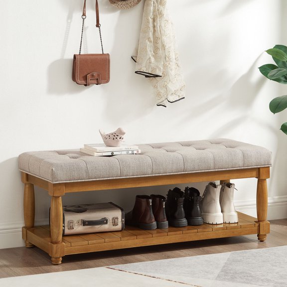CQSXDA Upholstered Linen Bench with Storage Shelf, Tufted Ottoman Furniture with Solid Wood Spindle LegsFor Bedroom Entryway Living Room, Linen