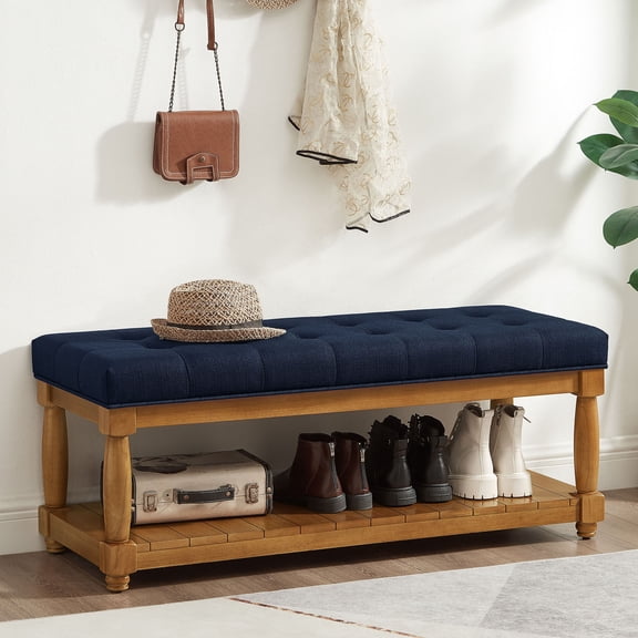 CQSXDA Upholstered Linen Bench with Storage Shelf, Tufted Ottoman Furniture with Solid Wood Spindle LegsFor Bedroom Entryway Living Room, Navy Blue