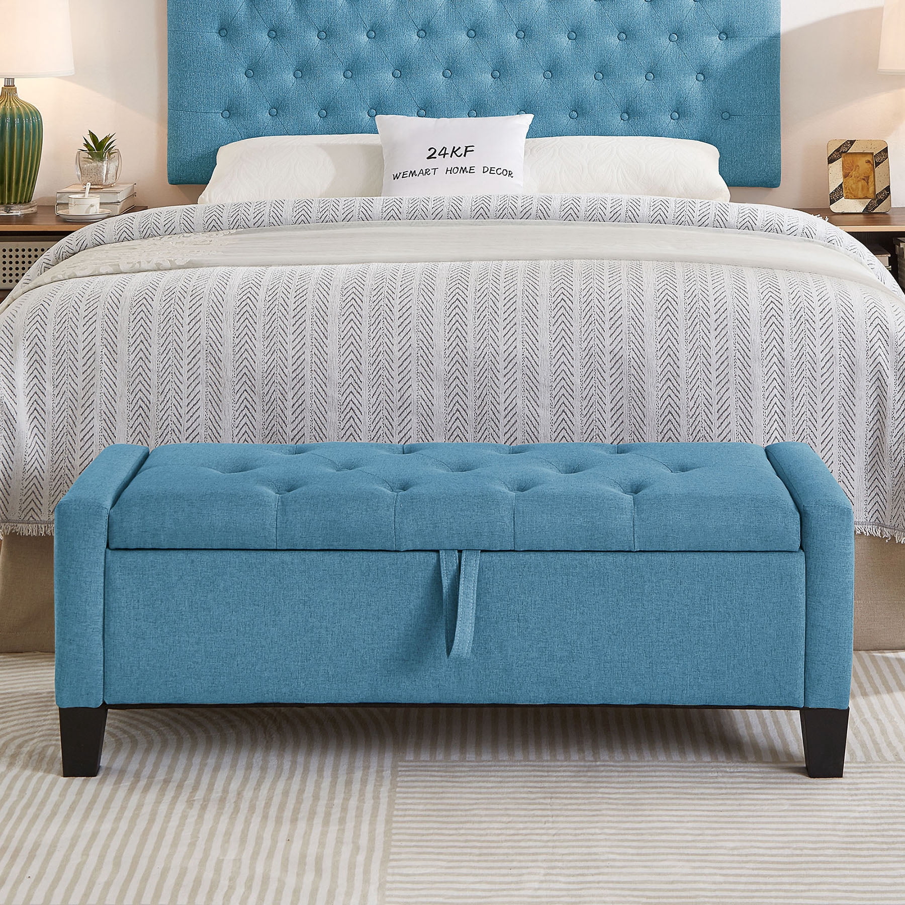 CQSXDA Upholstered Ottoman Bench in Linen with Storage and Safety Hinge for Entryway Seating and Organization