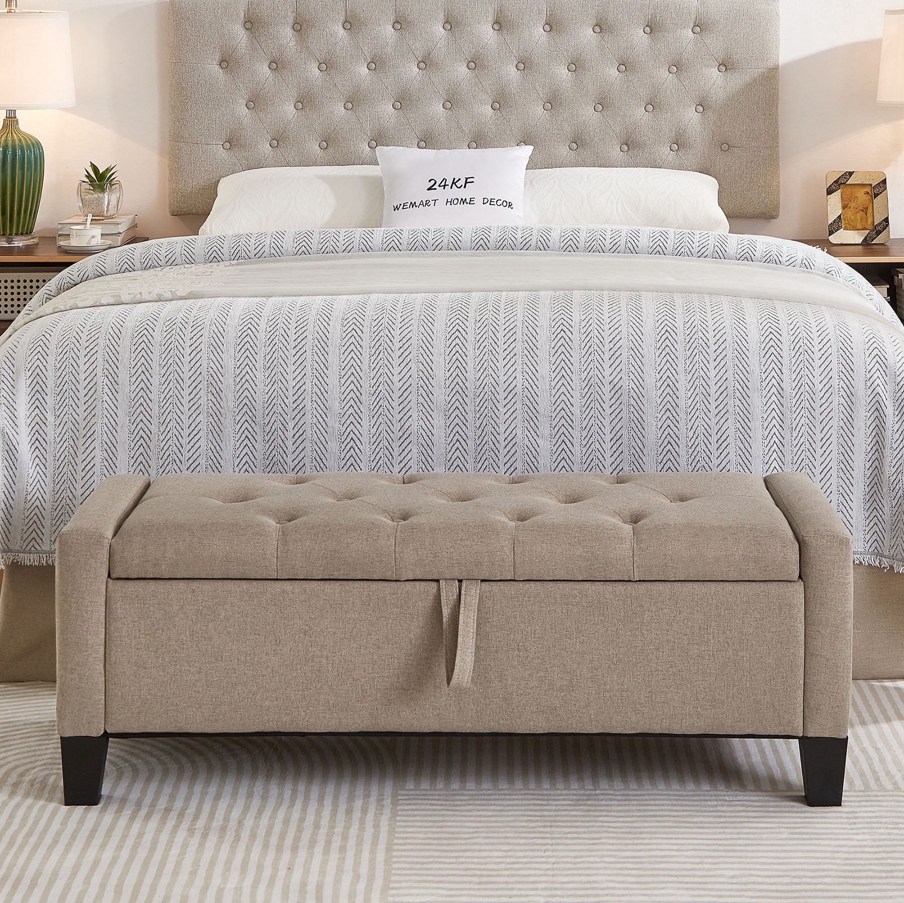 CQSXDA Upholstered Ottoman Bench in Linen with Storage and Safety Hinge for Entryway Seating and Organization