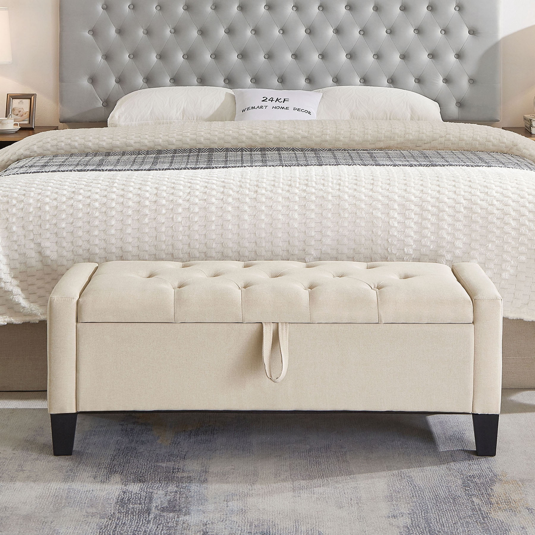 CQSXDA Upholstered Ottoman Bench in Linen with Storage and Safety Hinge for Entryway Seating and Organization