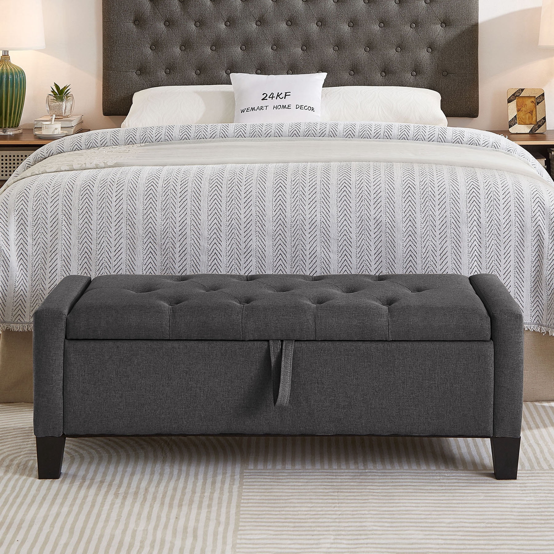 CQSXDA Upholstered Ottoman Bench in Linen with Storage and Safety Hinge for Entryway Seating and Organization