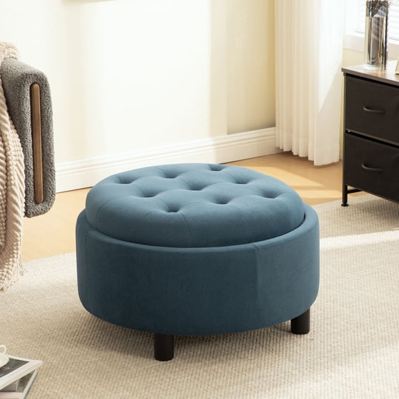 CQSXDA Upholstered Round Ottoman With Reversible Lid In Beige Fleece Fabric For Living Room Bedroom Office Storage Stool,Blue