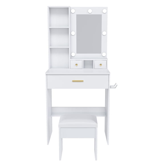 CQSXDA Vanity Table Featuring LED Lights And Stool, Compact Dressing Desk With Hairdryer Holder For Small Spaces, White