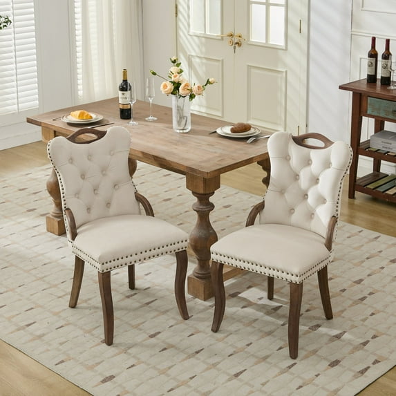 CQSXDA Velvet Dining Chair Set of 2 in Beige with Handmade Tufted Trim and Solid Wood Handles for Upscale Decor