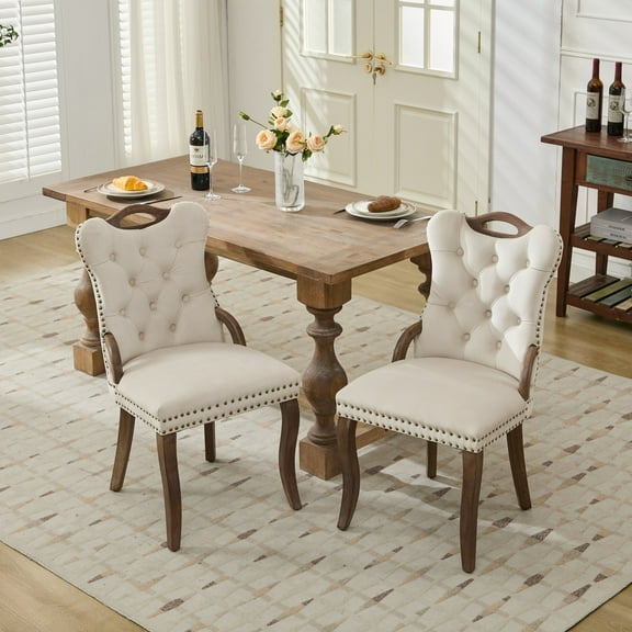 CQSXDA Velvet Dining Chair Set of 2 in Beige with Handmade Tufted Trim and Solid Wood Handles for Upscale Decor