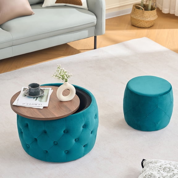 CQSXDA Velvet Nesting Ottomans with Wood Tray, 2 Pieces Round Storage Foot Stools,4-in-1 Function No Assembly Required, Blue
