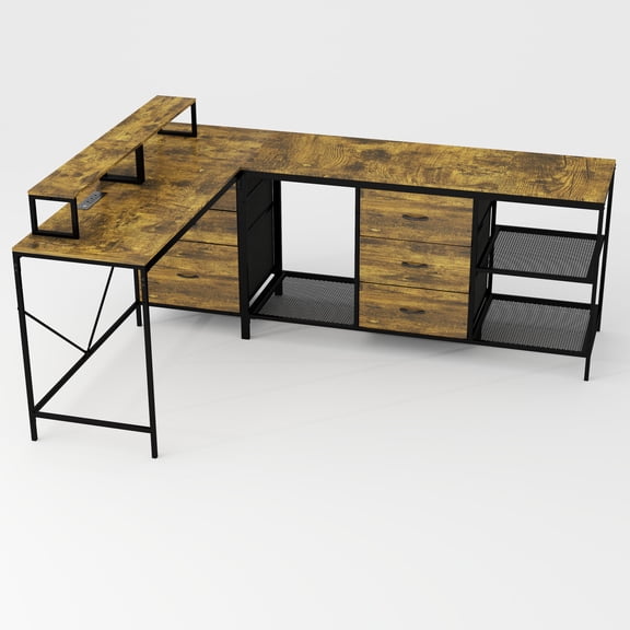 CQSXDA Versatile 114 Inch L-Shaped Desk in Rustic Brown with Power Outlets USB-C and 6 Fabric Drawers for Office Gaming Setup