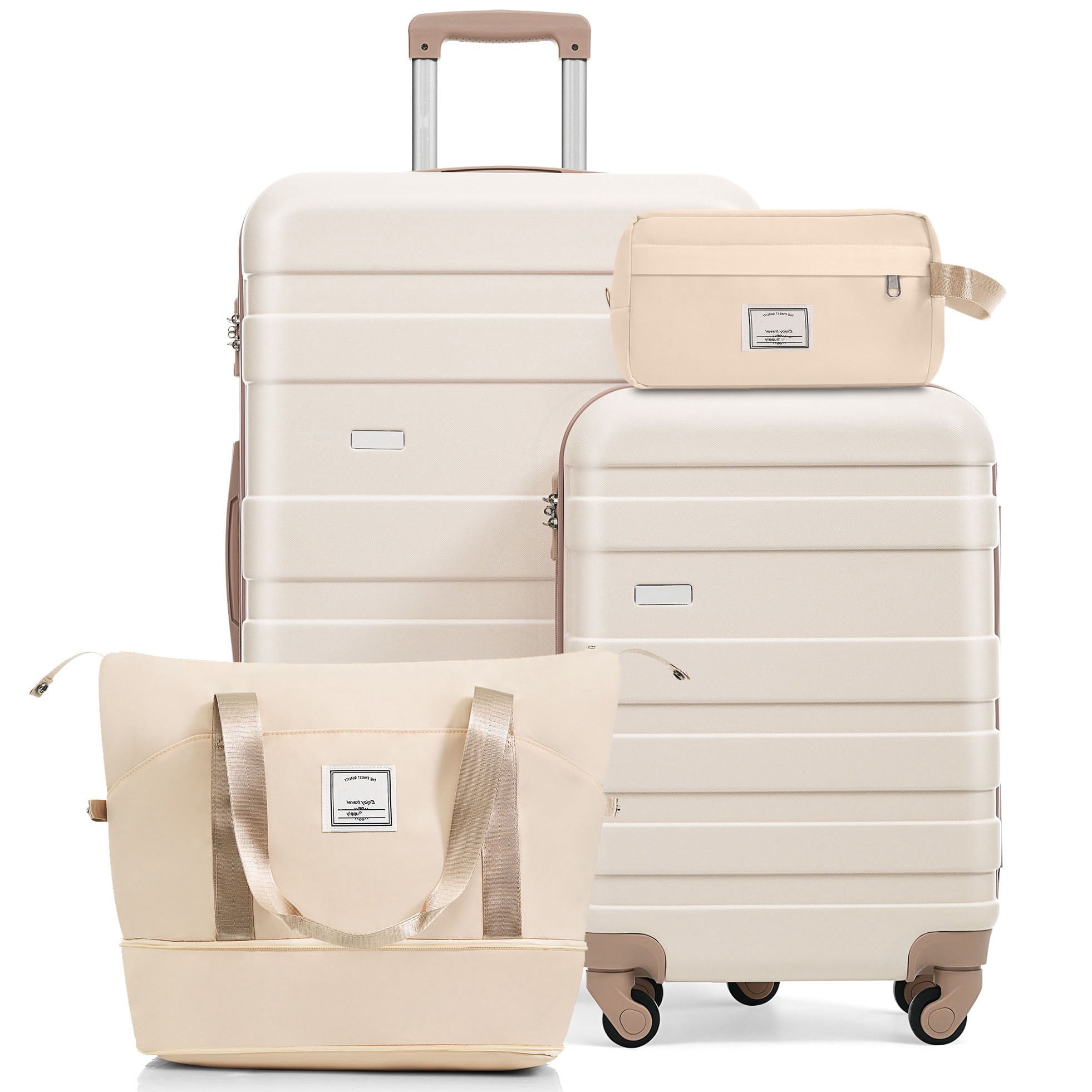 CQSXDA Versatile 4-Piece Luggage Set Featuring with TSA Lock, 20in Carry-On, 28in Checked Suitcase, Travel Duffel and Toiletry Bag, Ivory+Gold