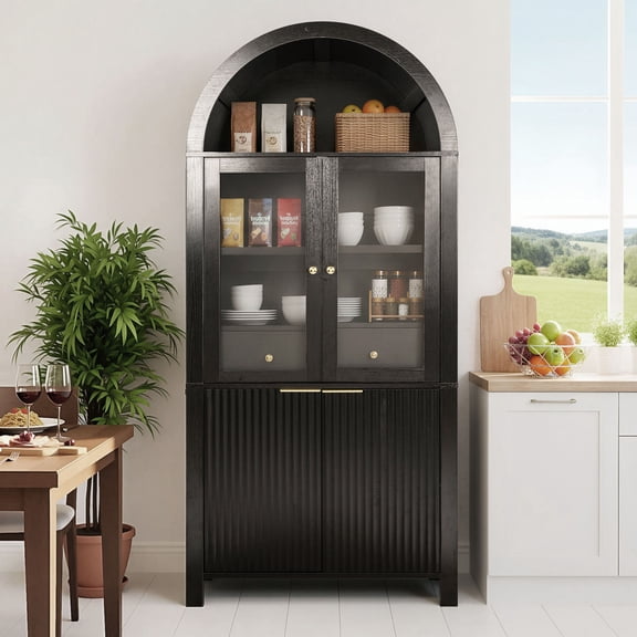 CQSXDA Versatile 71 Inch Fluted Tall Arched Pantry Cabinet with Glass Doors Hidden Drawer and Adjustable Shelves for Home Storage and Display, Black