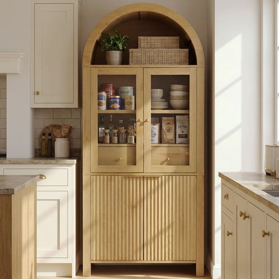 CQSXDA Versatile 71 Inch Fluted Tall Arched Pantry Cabinet with Glass Doors Hidden Drawer and Adjustable Shelves for Home Storage and Display, Oak