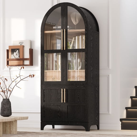 CQSXDA Versatile 71 Inch Tall Arched Kitchen Pantry Cabinet With Glass Door And Adjustable Shelves,Featuring Hidden Drawer Farmhouse Storage Cupboard, Black