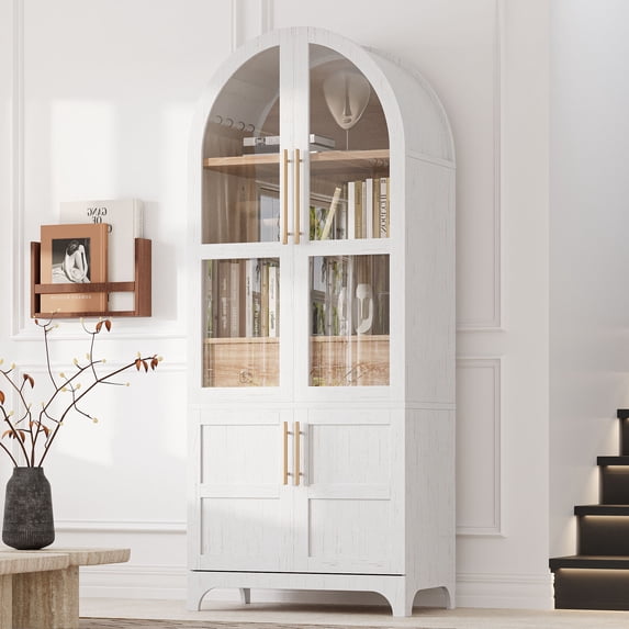 CQSXDA Versatile 71 Inch Tall Arched Kitchen Pantry Cabinet With Glass Door And Adjustable Shelves,Featuring Hidden Drawer Farmhouse Storage Cupboard, White