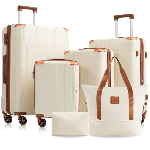 CQSXDA Versatile Expandable Luggage Set 6 Piece Hardshell Suitcases with Dual Wheels and TSA Lock for Men and Women, Brown white