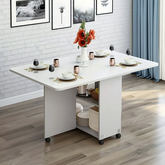 CQSXDA Versatile Folding Drop Leaf Dining Table with 6 Wheels and 2-Tier Storage, Ideal for Small Spaces, White Color