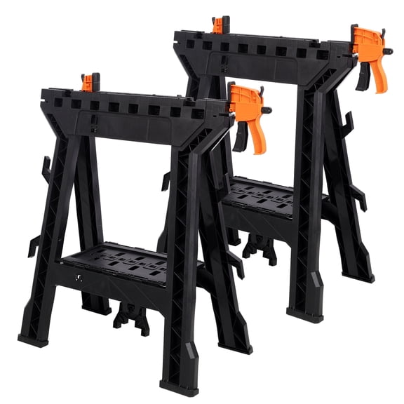 CQSXDA Versatile Heavy Duty Folding Clamping Sawhorse  Set of 2 Black Plastic Workhorse 2200 LBS Capacity for Garage and Workshop Needs