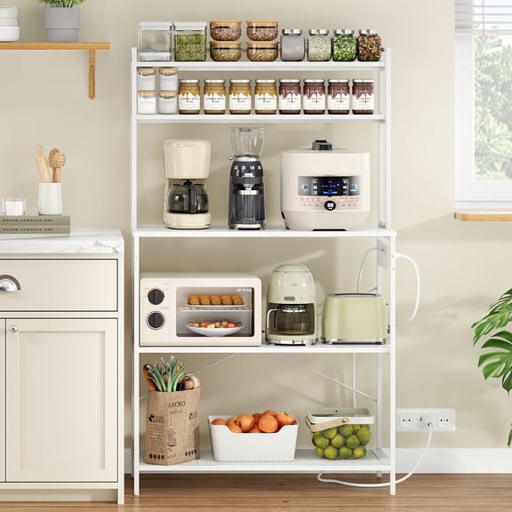 CQSXDA Versatile Large 5-Tier Bakers Rack With Electrical Outlets In Industrial Style 39 Inch Microwave Stand And Kitchen Organizer, White