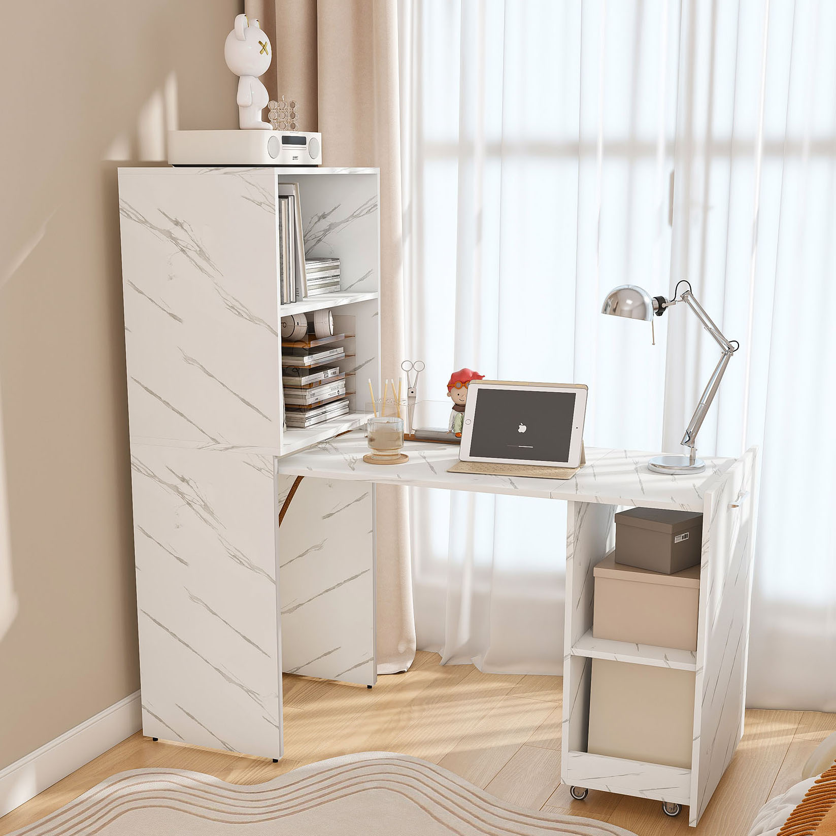 Stretchable Computer Desk CQSXDA Versatile Stretchable Desk With Storage Shelves And Rolling ...