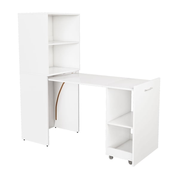 CQSXDA Versatile Stretchable Desk With Storage Shelves And Rolling Wheels, Space-Saving Foldable Design For Offices And Homes, White